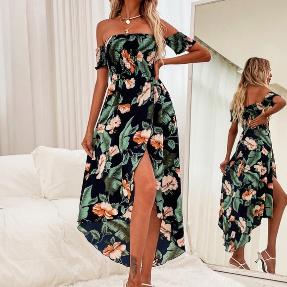 Boho Blue Floral Tropical Leave Off Shoulder dress - Picture 8 of 10